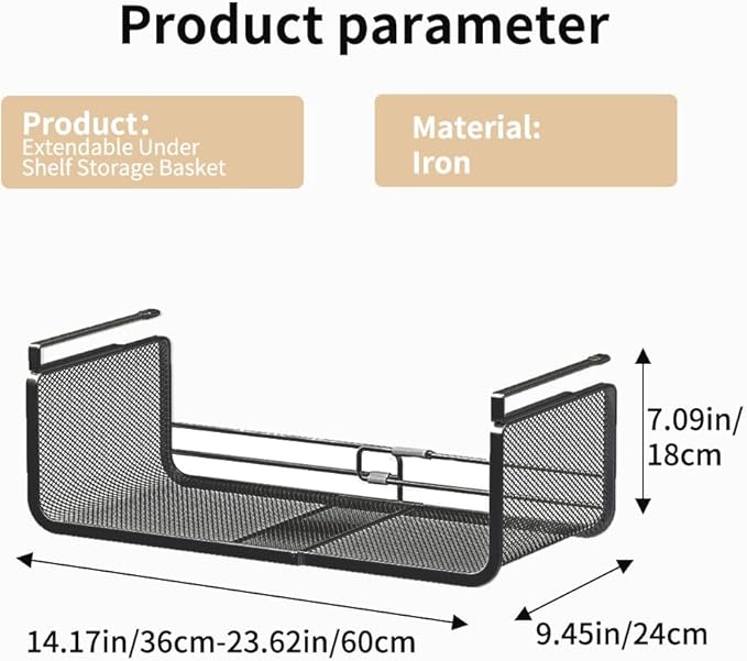 Expandable Under Shelf Basket Organizer, Under Shelf Storage, Hanging Baskets Under Cabinet for Pantry Kitchen Cupboard Desk Counter Bookshelf Space Saver Heavy Duty Slide-in (Black, 2 Pack)