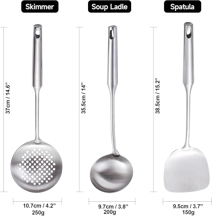 NIITAWH Stainless Steel Wok Spatula, Wok Utensils for Carbon Steel, Wok Tools Professional Set, 3-Pieces 304 Stainless Steel Cooking Utensils All Metal