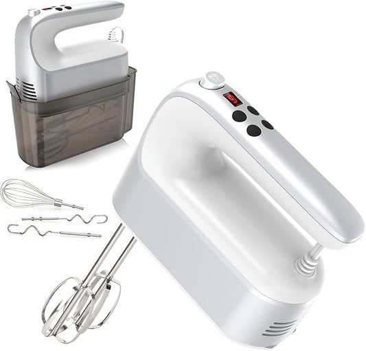 Yomelo 9-Speed Digital Hand Mixer Electric, 400W Powerful DC Motor, Hand Mixer Electric Handheld with Snap-On Storage Case, 5 Stainless Steel Accessories, Beaters, Dough Hooks, Whisk(Silvery White)