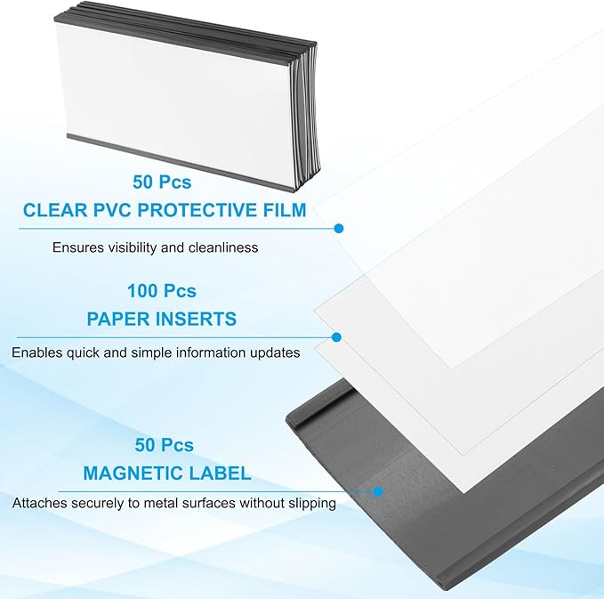 PATIKIL Magnetic Label Holder 6" x 3" with Paper Inserts, 50 Pcs C Channel Magnetic File Cabinet Labels Shelf Data Card Holder Signs for Metal Racks Shelves Whiteboard Tool Box