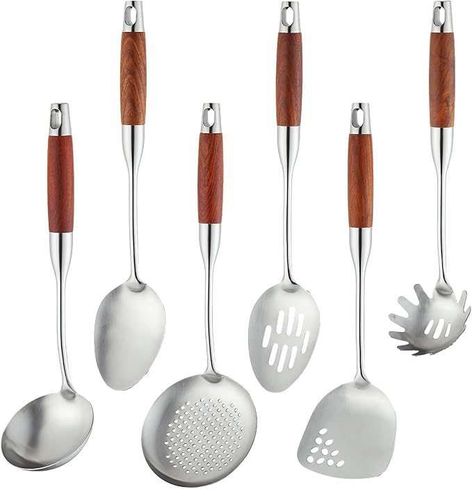 Stainless Steel Kitchen Utensils Set with Wood Handle, 18/10 Metal Cooking Utensils Set, 6-Piece - Spatula, Spoon, Ladle, Skimmer, Slotted Spoon, Pasta