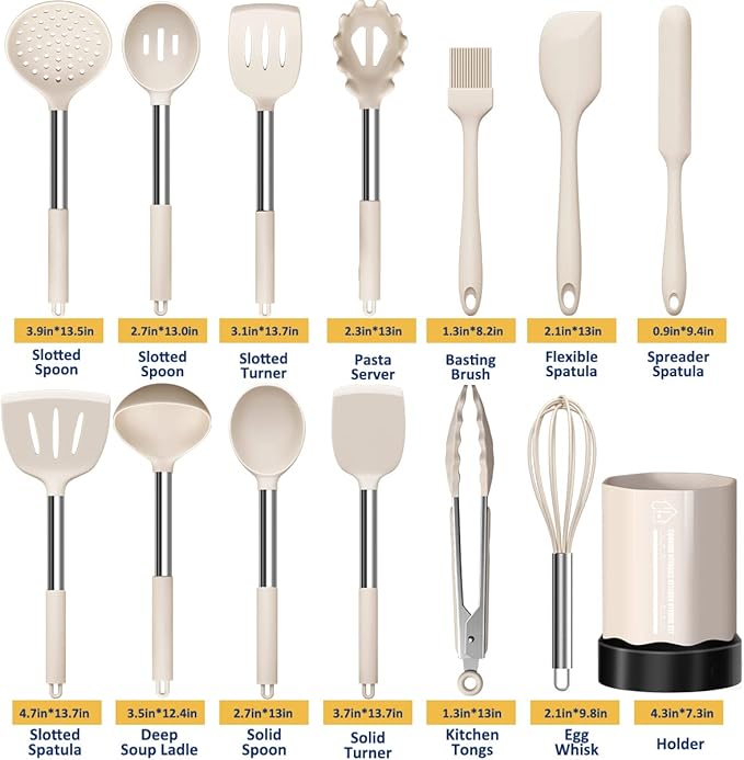 Silicone Cooking Utensil Set, Fungun Non-stick Kitchen Utensil 24 Pcs Cooking Utensils Set, Heat Resistant Cookware, Silicone Kitchen Tools Gift with Stainless Steel Handle (Khaki-24pcs) …