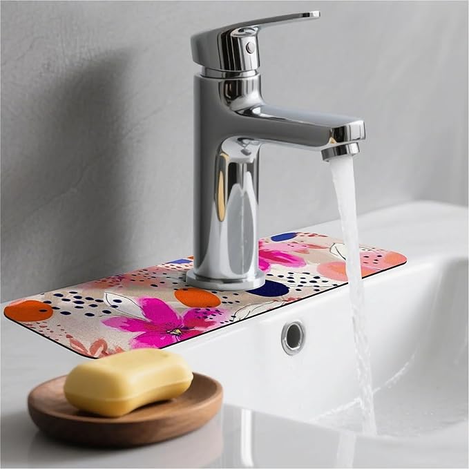 Kitchen Sink Splash Guard，Pink-orange flowers Faucet Mat Sink Gadgets-Super Absorbent Fast Drying Mat Drip Catcher for Kitchen, Bathroom,Sink Mat, Dish Drying Mat, Bathroom(15" X 5.5" )