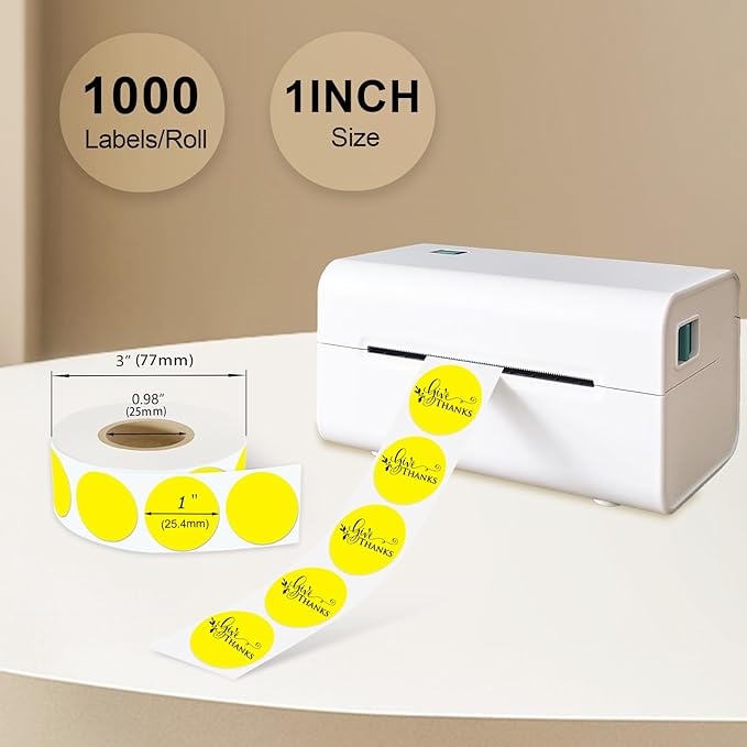 1 Inch Round Thermal Sticker Labels,Color Dot Stickers,Label Stickers,Waterproof,Oil Proof,for Thermal Printers,DIY,Office,Retail,Home and Warehouse Organization(Yellow,1000 Pcs)