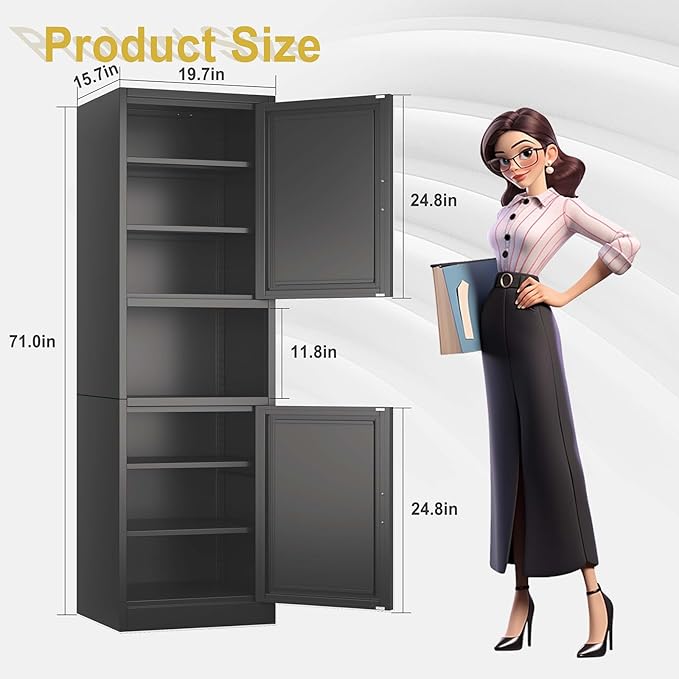 pozdeg 67" Tall Narrow Storage Cabinet Metal Bathroom Cabinet with 2 Doors & 4 Adjustable Shelves, Standing Pantry Cabinets Cupboard for Kitchen, Dining Room, Living Room and Bathroom (Black)