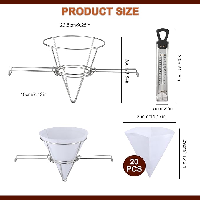 Maple Syrup Cone Filter Holder Stand with Thermometer, Stainless Steel Filter Strainer with 20pcs Cone Filter Paper & Folding Arms for Maple Syrup Making and Filtration of Cooking Oil, Kitchen