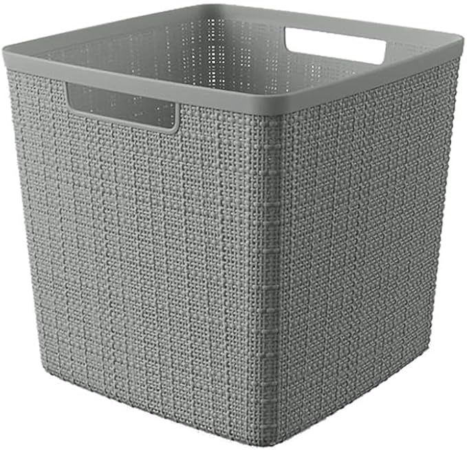 Curver Set of 4 Large Cube 17L Jute Decorative Plastic Organization and Storage Baskets - Perfect Bins for Home Office, Closet Shelves, Kitchen Pantry and All Bedroom Essentials, Grey