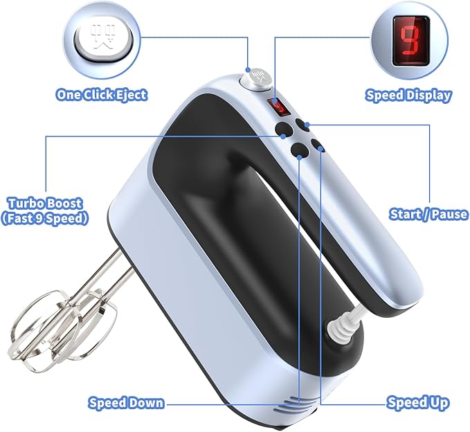 Yomelo 9-Speed Digital Hand Mixer Electric, 400W Powerful DC Motor, Hand Mixer Electric Handheld with Snap-On Storage Case, 5 Stainless Steel Accessories, Beaters, Dough Hooks, Whisk(Ocean Blue)
