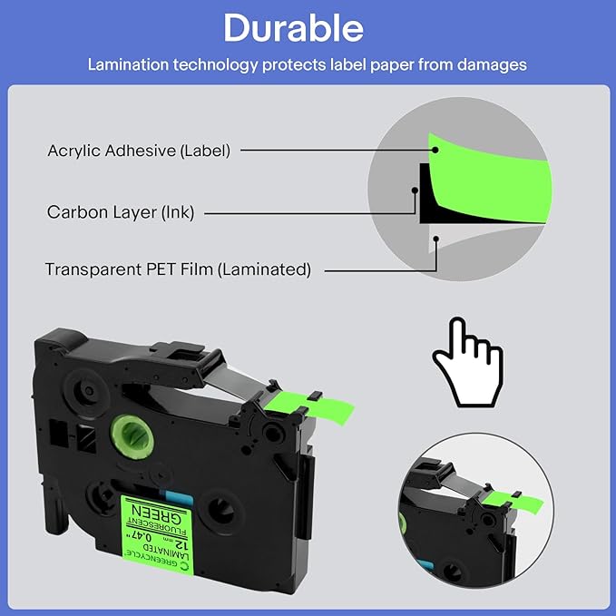 GREENCYCLE Compatible for TZ TZE D31 TZe-D31 AZE D31 0.47 Inch 1/2" Black on Fluorescent Green Laminated Label Tape 12mm x 5m for PTD210 D400AD D600 PTH100 PTH110 PT1290 PT-1230PC, 3 Pack