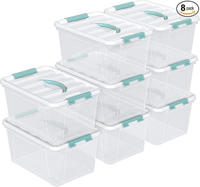 14 Qt Stackable Plastic Storage Bins with White Lids, Clear Latching Storage Organizer Box, 8 Packs