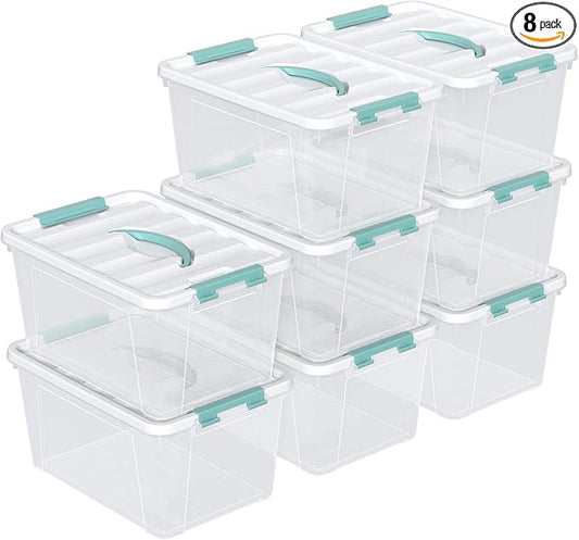 14 Qt Stackable Plastic Storage Bins with White Lids, Clear Latching Storage Organizer Box, 8 Packs