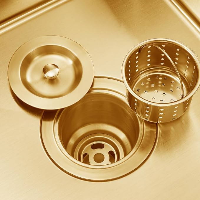 POPFLY 3-1/2 Inch Sink Drain Assembly Brushed 304 Stainless Steel Removable Deep Strainer Basket, Rust-Proof & Easy Install with Sealing Lid＆Tailpiece, for Home/Bathroom/Commercial Sinks, Gold