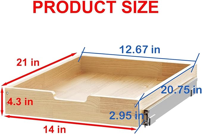 Sikarou Wood Pull Out Cabinet Organizer 14" W x 21" D, Heavy-Duty Sliding Drawers for Inside Cabinets Storage and Organization for Kitchen, Pantry, Bathroom