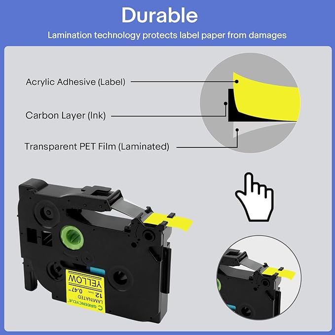GREENCYCLE 10 Pack Compatible for Ptouch TZe-631 AZE 631 TZ631 TZ-631 1/2" 12mm 0.47 inch Laminated Black on Yellow TZ TZe Label Tapes Used in PTH110 PT-D200 PTD600 D400 Label Makers