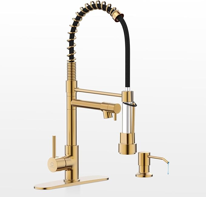 Kitchen Faucet with Soap Dispenser, Brushed Gold Kitchen Faucet, Kitchen Faucets with Pull Down Sprayer and Deck Plate, Stainless Steel Spring Camper Laundry RV Faucets for Kitchen Sinks