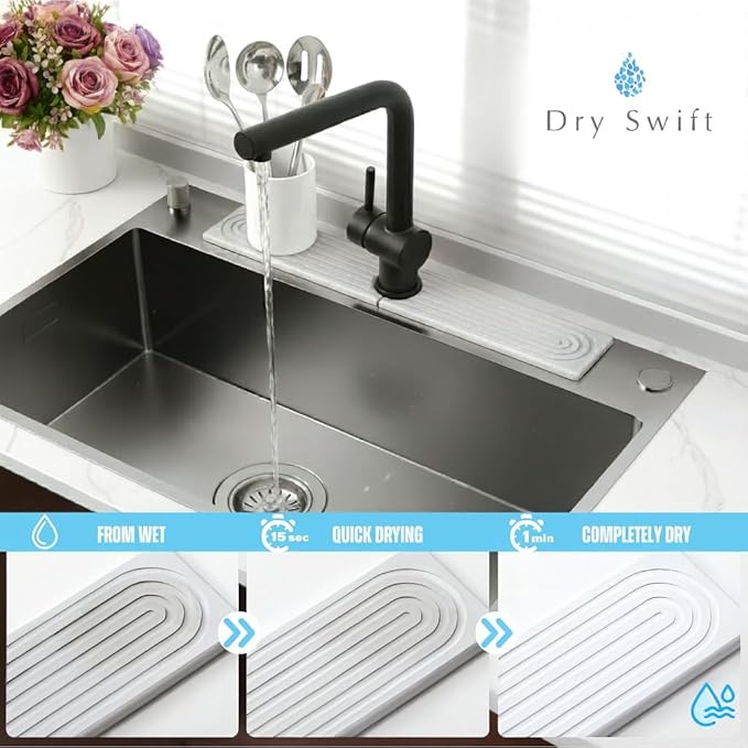 Faucet Mat for Kitchen Sink – Diatomite Drying Stone Mat & Sink Protector, Prevent Moisture – Sink Splash Guard Water-Absorbing Stone Tray for Bathroom Counter - Light Grey (23.6" x 3.9")