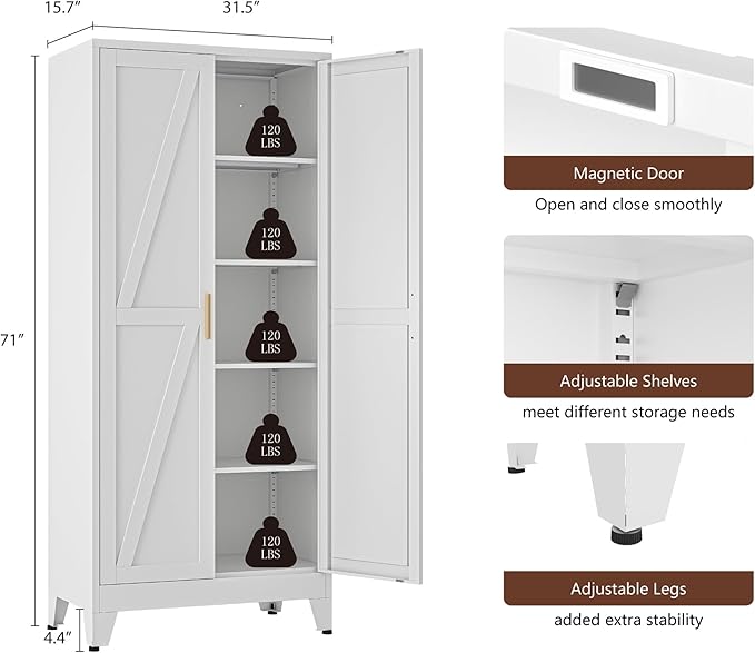 YAUWOH 71''Metal Cabinet with 4 Adjustable Shelves,5-Tier Pantry Storage Cabinet,Kitchen Pantry Cabinet for Living Room,Dining Room, White
