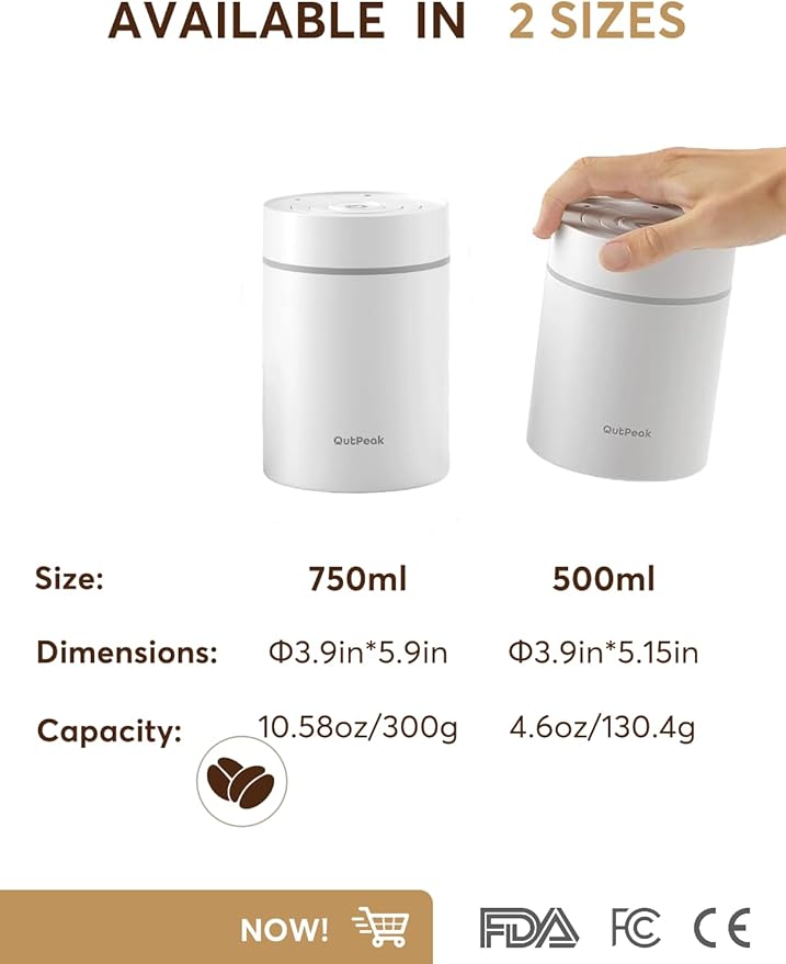 OUTPEAK Neo 2026 Auto Vacuum Coffee Canister, 0.75L Capacity for 8.8oz of Coffee Beans, One-Button Operation, Stainless Steel Coffee Storage Container with Scoop White (Champion's Choice)