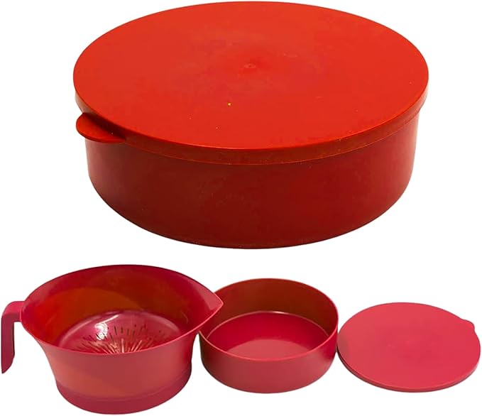 Easy Greasy Colander Grease Strainer With Handle And Container, Catch Bowl With Lid 3 Piece Strain Set | Strains Ground Beef, Bacon & Pasta | Safe Kitchen Gadget BPA Free | Made In The USA (Red)