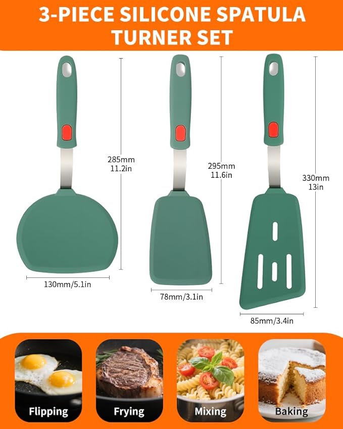 Brigii Silicone Spatula Turner Set of 3,Heat Resistant,430 Stainless Steel Core, BPA-Free Kitchen Utensils Set for Cooking,Baking,Flipping,Dishwasher Safe(Dark Green)