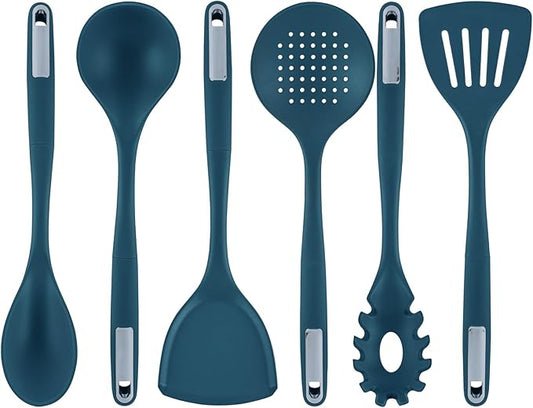 Restaurantware Silicone Utensil Set Pack of 1 Non-Slip Handle 6-Piece Kitchen Tool Set, Heat-Resistant Dishwasher-Friendly Cooking Accessories, Durable Teal Cooking Utensils