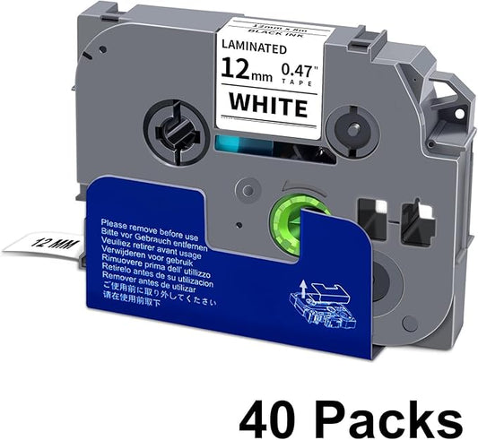 Unismar 40-Pack Compatible for Brother Black on White 12mm Label Tape Replacement for Ptouch PTD200 PTD202 PTD210 PTD600 PTD400 PTH100 PTH110 PT1280 Label Printer 26.2Ft(8m)