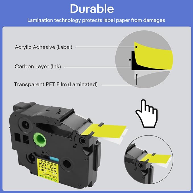 GREENCYCLE Compatible for 24mm 0.94" Black on Yellow AZE-651 TZe651 TZ-651 TZ651 Laminated Label Tape for Ptouch PTD600 PTD600VP PTP700 PT-P710BT PTP750W PT2430PC PT-P900W PTP750W (10 Pack)