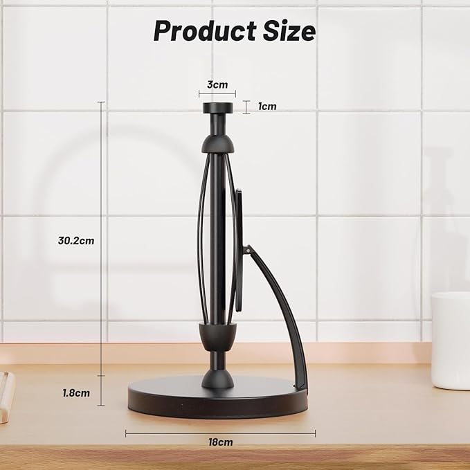 VEHHE Paper Towel Holder Countertop, One-Handed Tear, Stainless Steel, Stand Paper Towel Holder with Spring Activated Arm & Non Slip Weighted Base, for Kitchen Bathroom (Black)