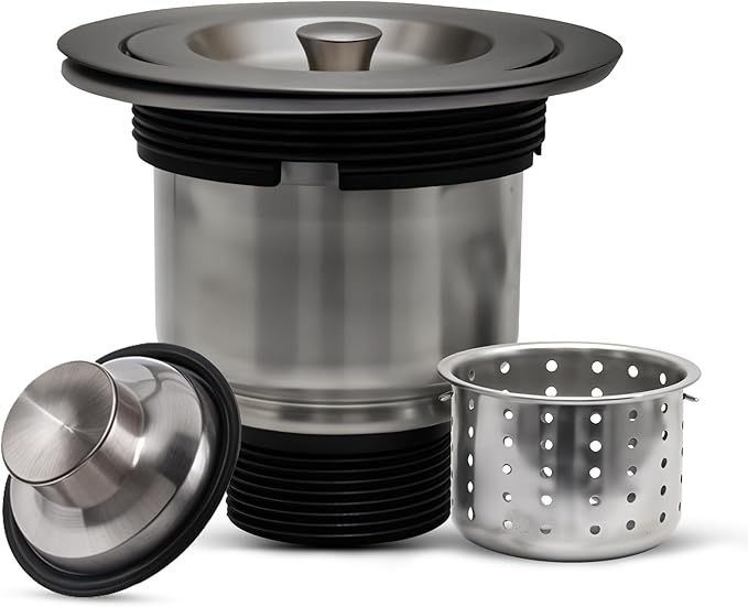 Strictly Sinks Sink Drain Strainer with Removable Basket - 3-1/2 Inch Stainless Steel Round Kitchen Sink Drain Assembly Kit with Deep Strainer Basket & Stopper (Silver)