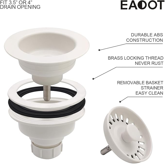 3-1/2 Inch Polymer White Sink Drain Assembly with Basket Strainer and Stopper for Quartz, Granite or Fireclay Kitchen Sinks, with 2 Removable Basket Strainers