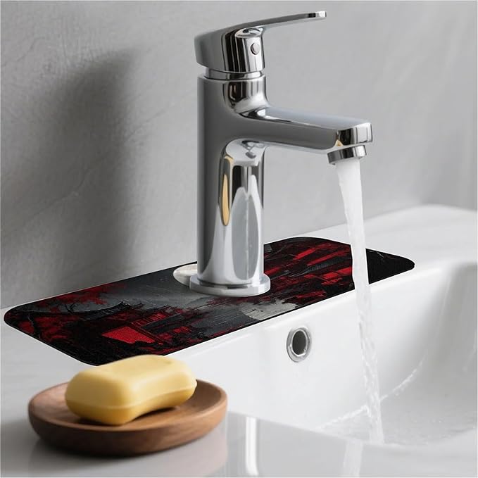 Kitchen Sink Splash Guard，Dark landscape with red Faucet Mat Sink Gadgets-Super Absorbent Fast Drying Mat Drip Catcher for Kitchen, Bathroom,Sink Mat, Dish Drying Mat, Bathroom(15" X 5.5" )