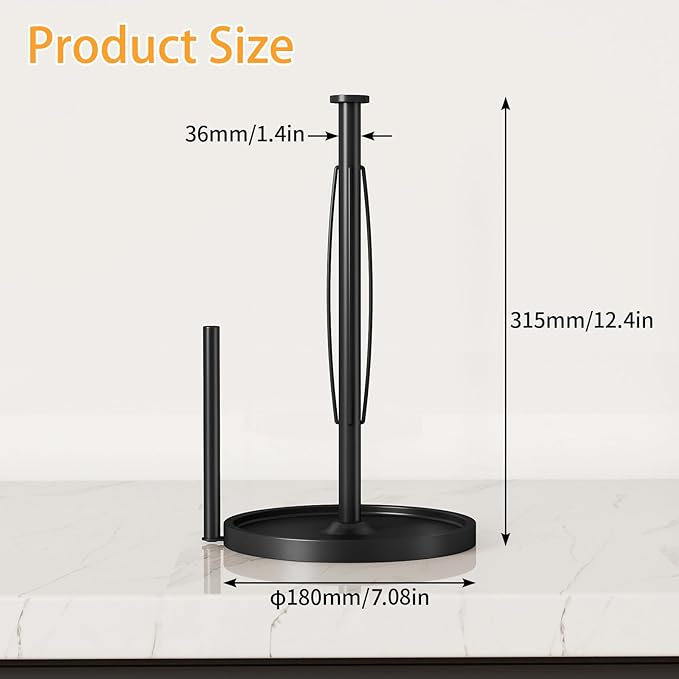Paper Towel Holder Countertop, Stainless Steel Paper Towel Holder for Kitchen Roll Dispenser, Freestanding Paper Towel Holders with EVA Non Slip Base, Black