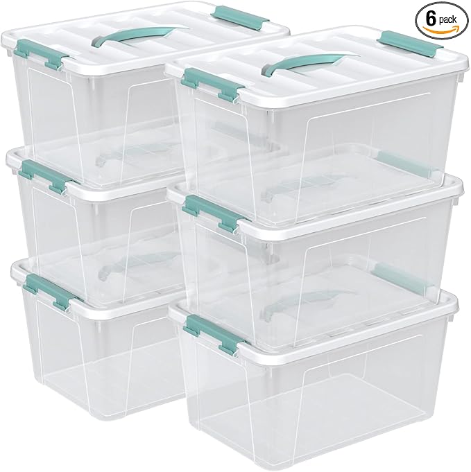 Sandmovie 14 Quarts Plastic Latching Box with Lid, Clear Latching Storage Bin with Handle, 6 Packs