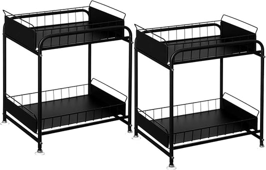 Basicwise Under Sink Organizer Sliding Wire Baskets Adjustable 2-Tier Metal Storage Rack for Bathroom Kitchen or Utility Cabinets Pull-Out Shelf for Cleaning Supplies & Pantry Essentials, Set of 2