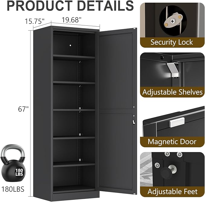 67" Metal Storage Cabinet with Lock, Tall Narrow Office File Cabinets with 5 Adjustable Shelves, Metal Steel Locker for Home, School, Office, Garage or Gym (Black)