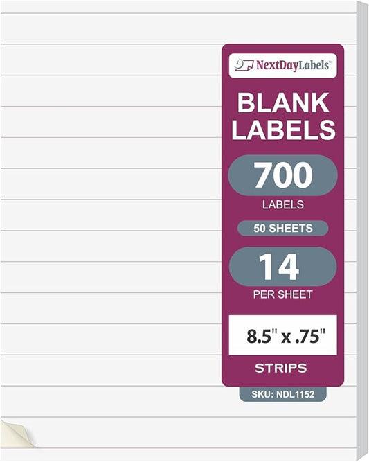 NextDayLabels 8.5x0.75 Inch Strip Stickers White Blank Labels for Laser Inkjet Printer - 14 Per Sheet Self-Adhesive Unique Size Label Made in USA - 70 Labels