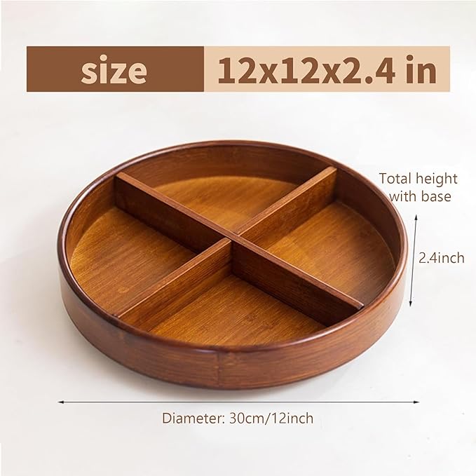 Bamboo Lazy Susan Organizer, 12'' Pantry Organizers with Removable Dividers, Rotating Spice Rack, Large Lazy Susan Turntable Organizer for Cabinet, Kitchen, Bathroom, Table