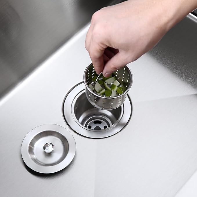 POPFLY 3-1/2 Inch Sink Drain Assembly Brushed 304 Stainless Steel Removable Deep Strainer Basket, Rust-Proof & Easy Install with Sealing Lid＆Tailpiece, for Home/Bathroom/Commercial Sinks