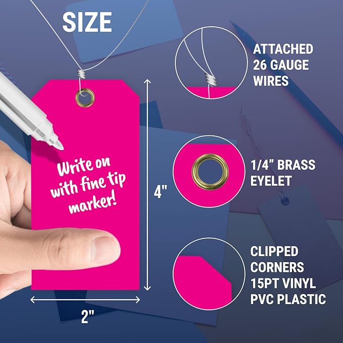 Tags 4 Less 15 Mil Blank Plastic Hang Tags with Attached Wires – 2" x 4" Heavy Duty Waterproof Hanging Labels for Outdoor Tagging, Equipment, Luggage, Valves & More (Fluorescent Pink, Pack of 50)