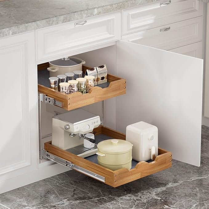 OCG 2 Tier Pull Out Cabinet Organizer (20"W x 21"D), Heavy-Duty Slide out Wood Drawer Shelf, Pull Out Drawer for Cabinets, Base Cabinet Organization for Kitchen, Pantry, Bathroom