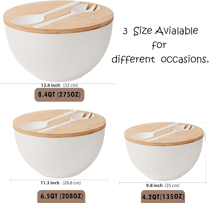 ECOHAGOU 11.3" Extra Large Salad Serving Bowl Set with Wooden Lid&Utensils, 6.5Qt., Bamboo Fiber Salad Bowl with Servers for Kitchen, Lightweight Big Bowl for Mixing Salad,Fruit,Pasta - Matte White