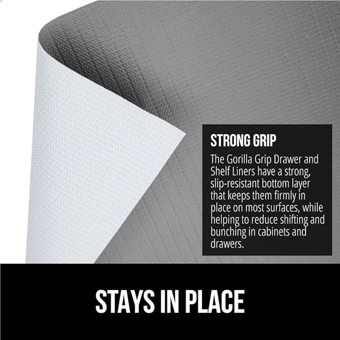 GORILLA GRIP Slip Resistant Drawer and Shelf Liner 2 Pack, Non Adhesive Water Resistant, Easy Clean and Trim, Smooth Surface Liners for Kitchen Cabinet, Shelves, Drawers, Pantry, 20 in x 20 FT, Gray