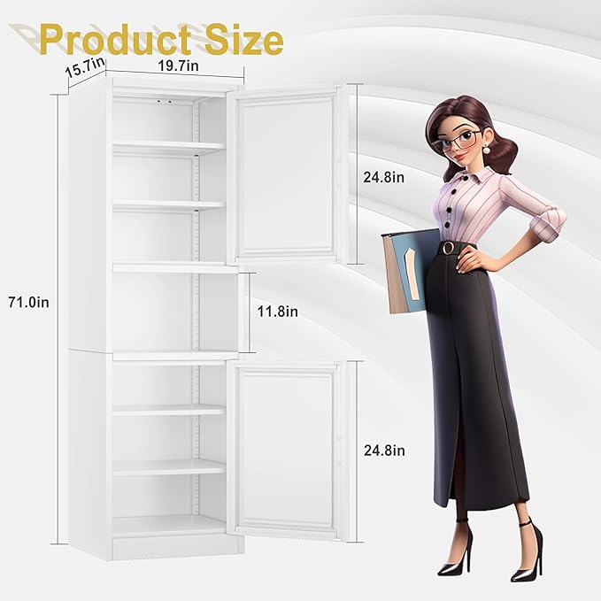67" Tall Narrow Storage Cabinet Metal Bathroom Cabinet with 2 Doors & 4 Adjustable Shelves, Standing Pantry Cabinets Cupboard for Kitchen, Dining Room, Living Room and Bathroom (White)