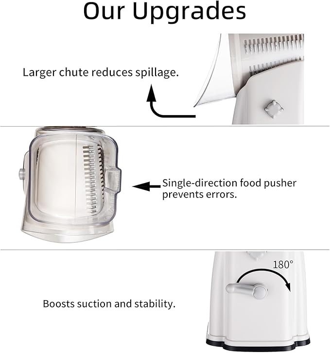 ChinKc Upgrade Rotary Cheese Grater Shredder with Handle, Strong Suction Base, Multi-purpose Rotary Grater Slicer with 5 Interchangeable Blades for Ice, Vegetables, Fruit, Nuts with Blade Storage Box
