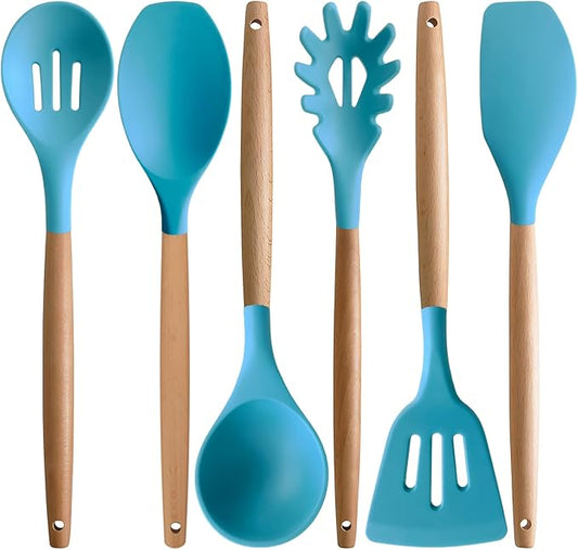 IOCBYHZ Kitchen Utensils Set 6-Piece Non-Stick Silicone Cooking Utensils Set, Wood Handle Heat Resistant Spatula Spoon Turner Ladle Pasta Server Cooking Kitchen Gadgets BPA Free for Nonstick Cookware