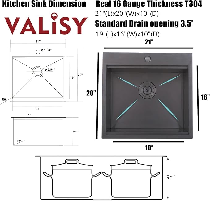 21x20 Inch Black Kitchen Sink, Drop In Bar Sink Black, Stainless Steel Square Small Topmount Workstation Sinks, Single Bowl Kitchen Sinks for Laundry Office Wet Bar Prep RV Outdoor Yard