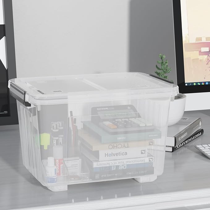 30 Quart 4 Pack Plastic Storage Bins with Latching Lids and Wheels, Clear Latch Box Container