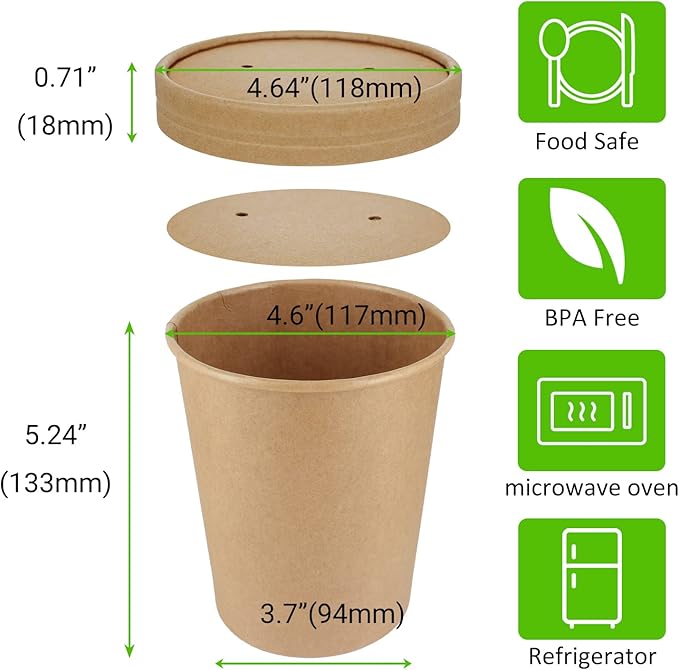 Belinlen 30 Sets 32 oz Paper Ice Cream Cups with Lids, Paper Food Containers With Vented Lids, To Go Hot Soup Bowls For Restaurants, Take Outs, or To-Go Lunch, Kraft