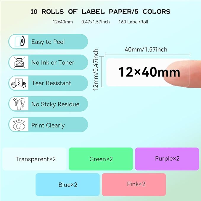 EEBBL D30 P15 HP4 Label Maker Tape Refill 12mm×40mm(0.47"x1.57") Sticker, Laminated Thermal Label Tape Replacement, 1650 Labels/10Rolls, High Definition Labeling Tape for Home Office School Hotel