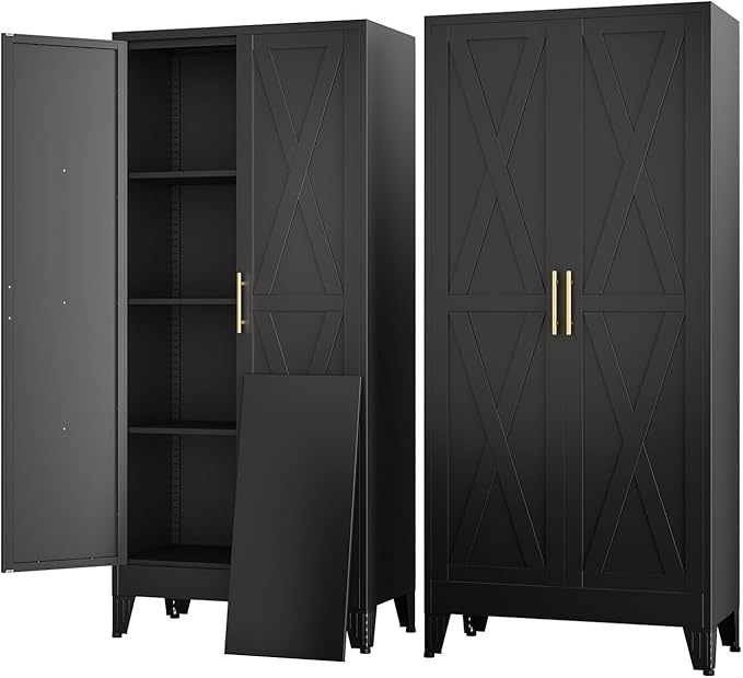 61" Kitchen Pantry Cabinet, Metal Storage Cabinet with 2 Doors and 3 Adjustable Shelves, Black Food Pantry Cupboard for Kitchen, Dining Room, Living Room and Bathroom (Black)
